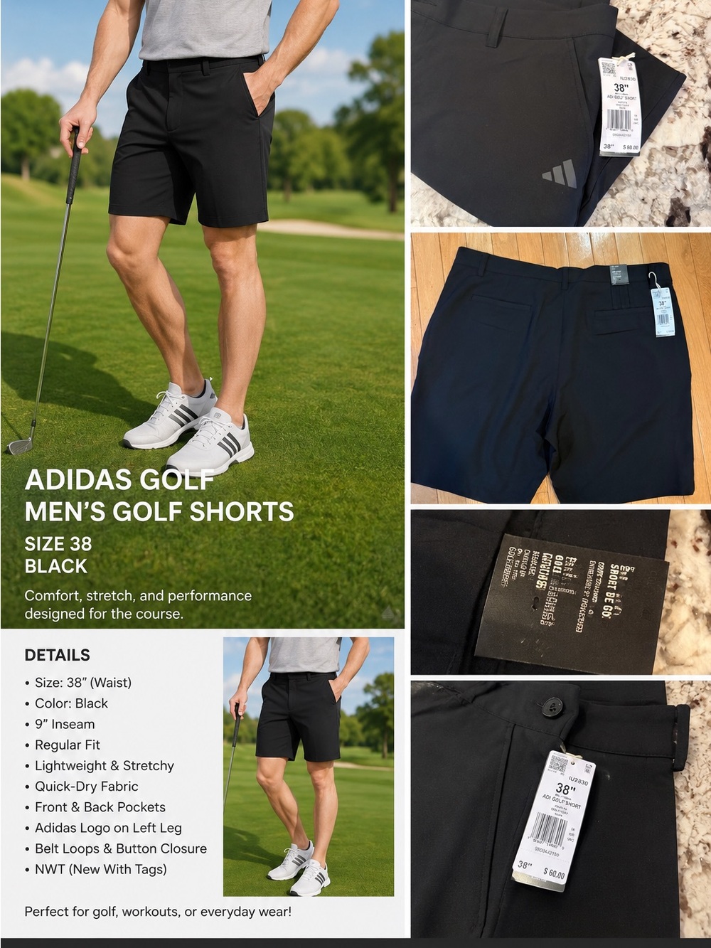 Adidas Golf Ultimate365 Men’s Black Performance Golf Shorts Size 38 NWT Stretch